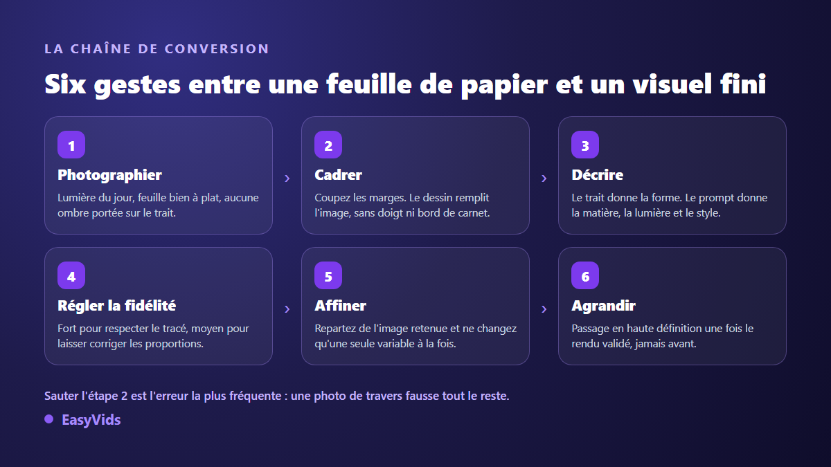 Les six étapes pour transformer un dessin en image IA : photographier, cadrer, décrire, régler la fidélité, affiner, agrandir