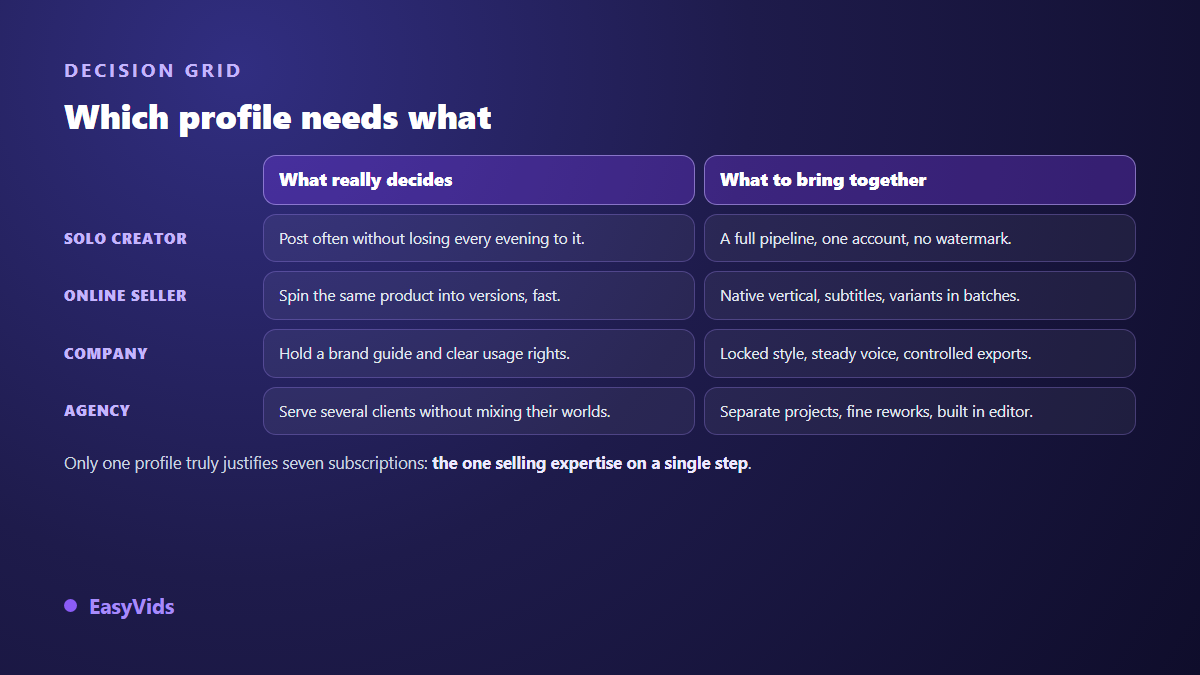 Decision grid for AI tools by profile: solo creator, online seller, company and agency