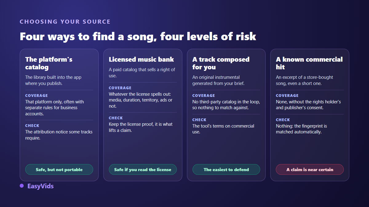 Four sources of royalty free music for a video compared by copyright claim risk