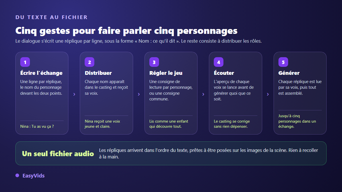 Les cinq étapes d'un dialogue de dessin animé IA, de l'écriture des répliques au fichier audio unique
