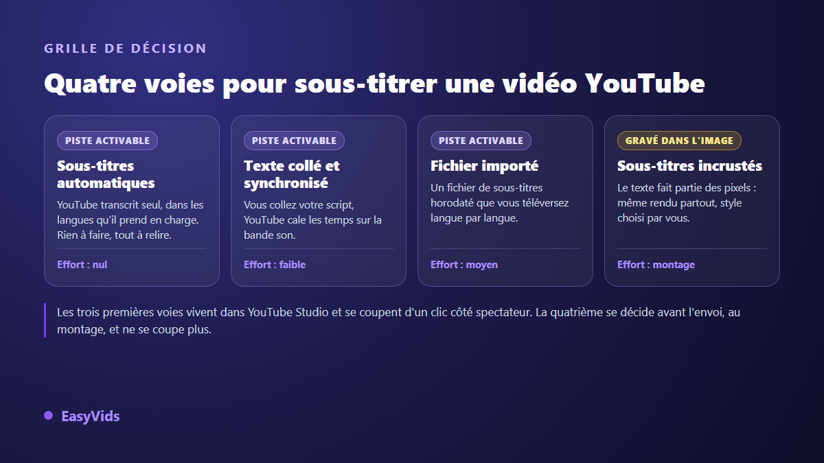 Comparaison des quatre façons de sous-titrer une vidéo YouTube : sous-titres automatiques, texte synchronisé, fichier importé et sous-titres incrustés