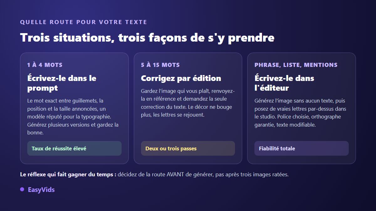 Grille de décision pour le texte dans une image IA : prompt, édition par référence ou éditeur selon la longueur du texte