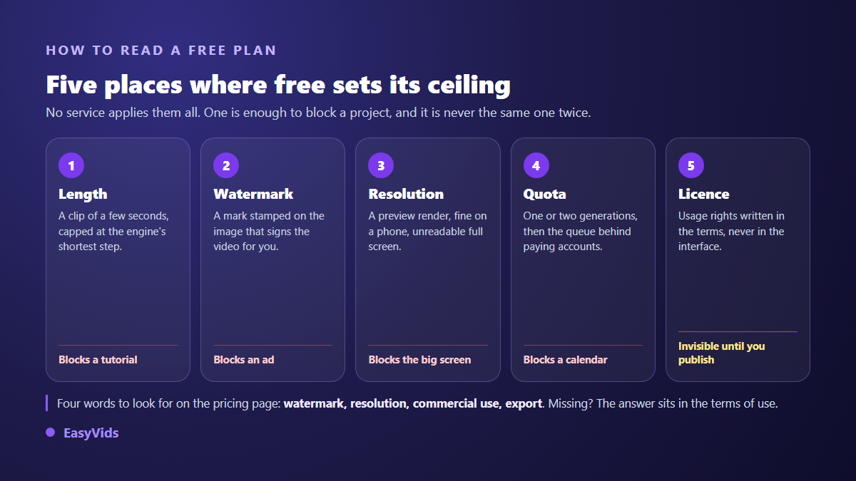 The five limits of a free AI video generator: clip length, watermark, resolution, daily quota and usage licence