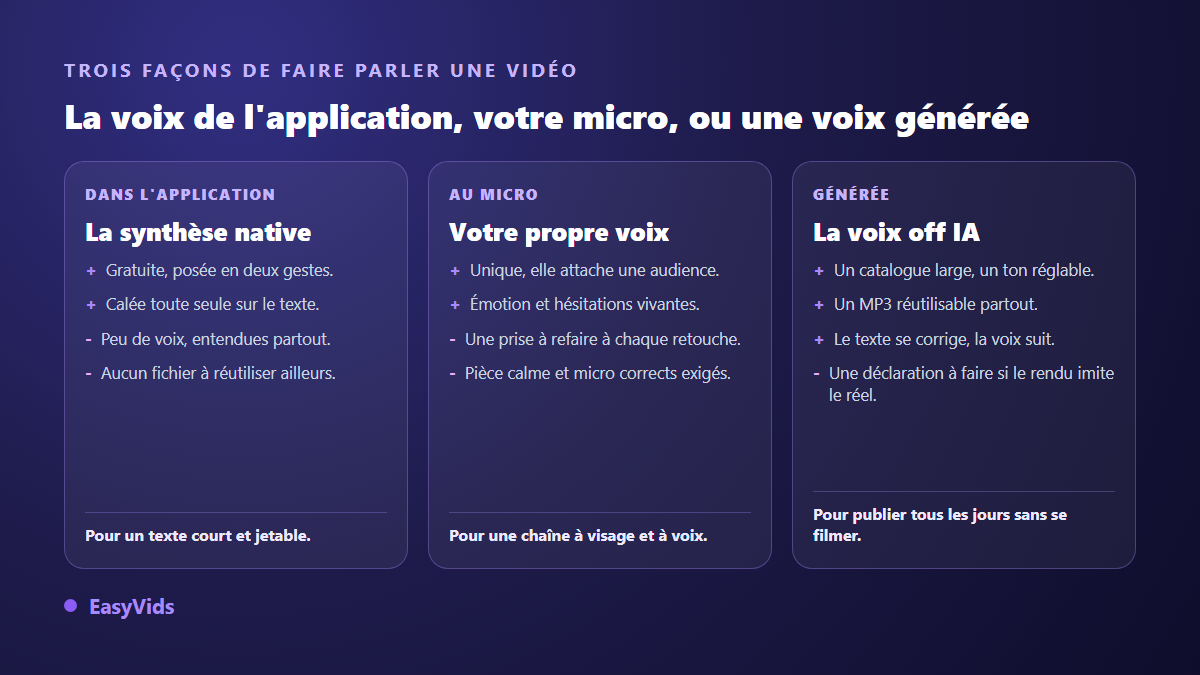 Comparaison des trois sources de voix off pour une vidéo TikTok : synthèse native, voix enregistrée au micro, voix off générée par IA