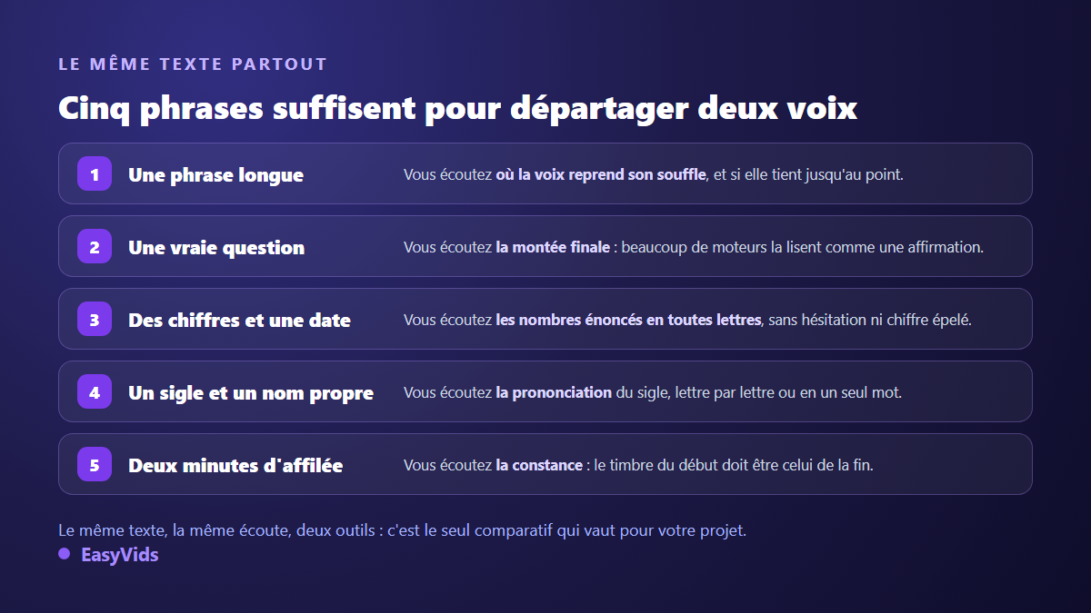 Test d'écoute d'un générateur de voix IA en cinq phrases : phrase longue, question, chiffres et date, sigle et nom propre, deux minutes de narration