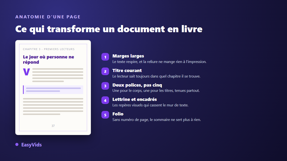 Anatomie d'une page d'ebook PDF : marges, titre courant, lettrine, encadré et numéro de page