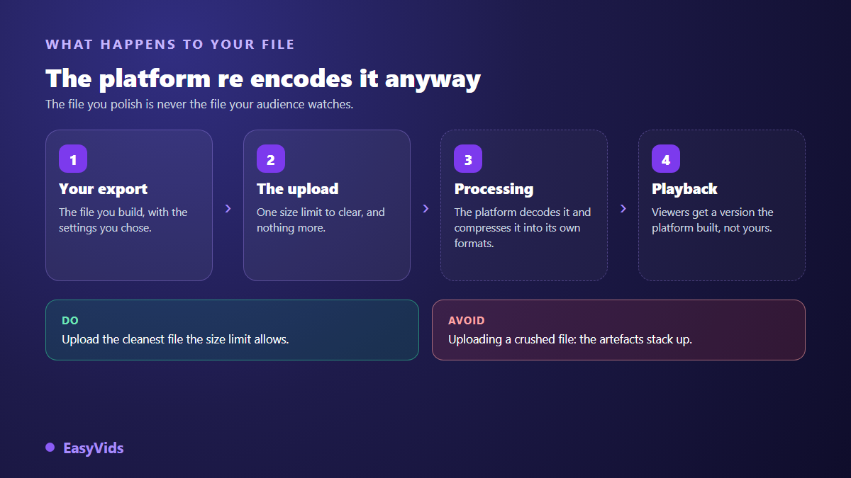 The journey of a video file: your export, the upload, the platform re encode, then playback by the viewer