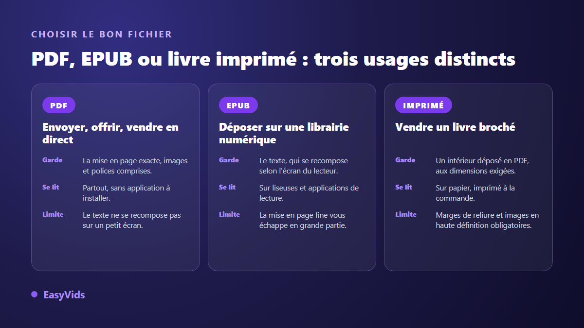 Comparaison PDF, EPUB et livre imprimé pour publier un ebook selon le canal de diffusion