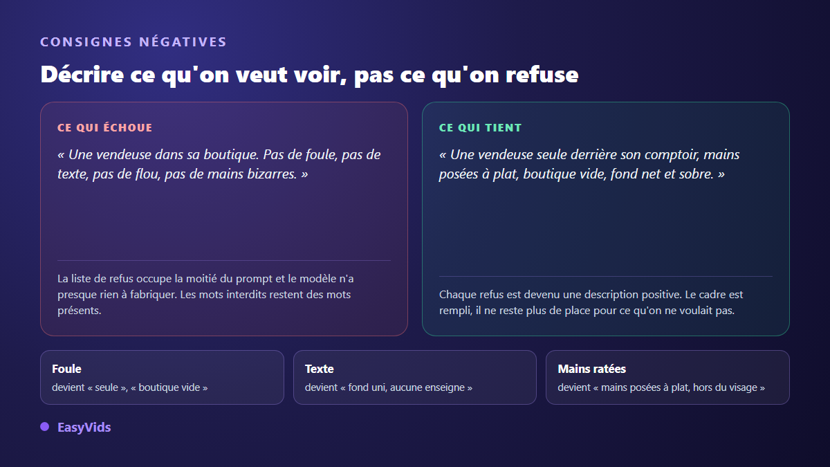 Comparaison entre un prompt vidéo IA rempli d'interdits et le même prompt réécrit en descriptions positives