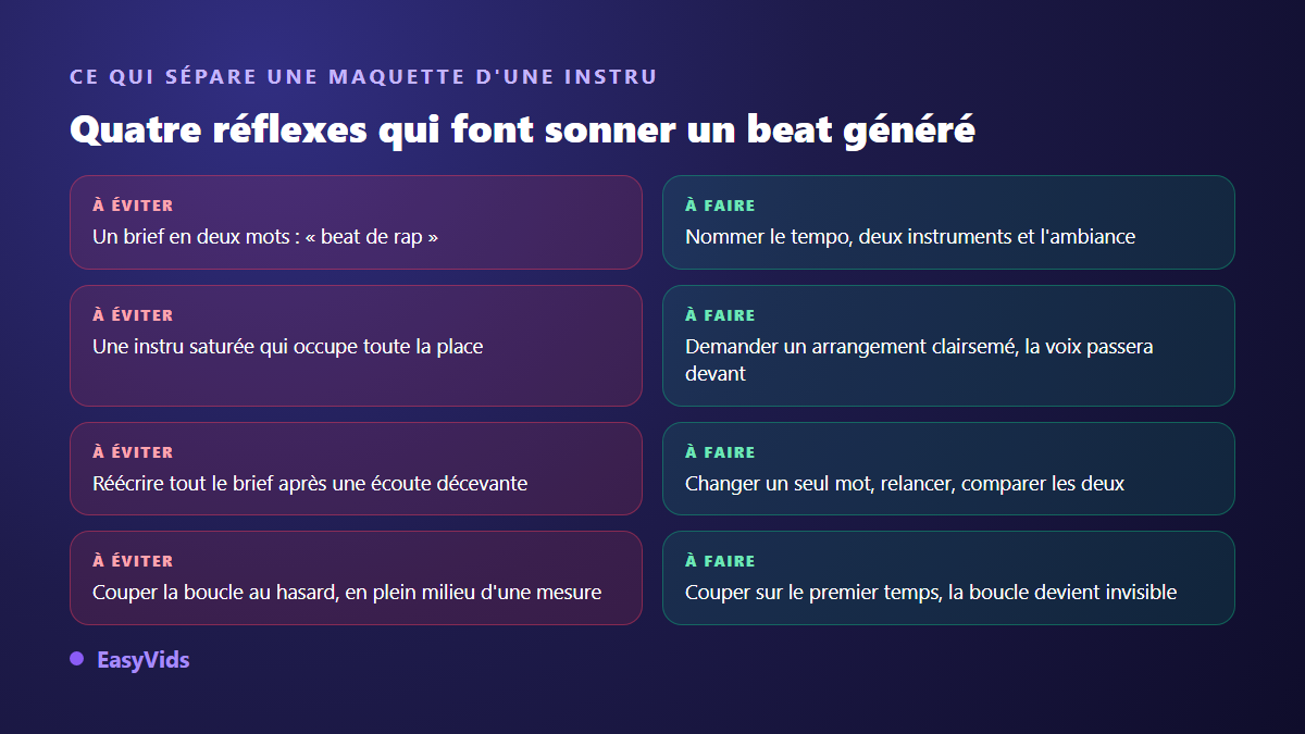 Comparaison entre les erreurs courantes en beatmaking IA et les réflexes qui améliorent le rendu