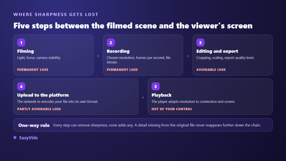 The five stage sharpness chain of a video: shooting, recording, editing and export, upload, playback