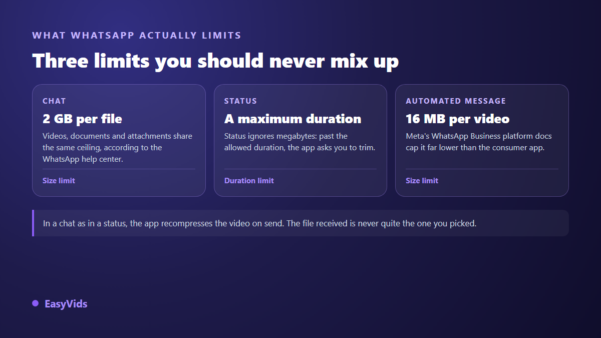 The three WhatsApp video size limits: 2 GB per file in a chat, a maximum duration for status updates, 16 MB per video for automated business messages