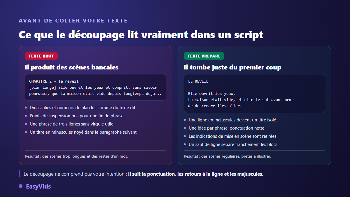 Comparaison entre un script brut et un script préparé avant de le transformer en vidéo