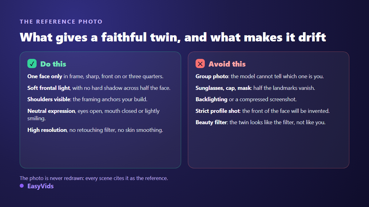 Good and bad reference photos for creating a convincing AI twin of yourself