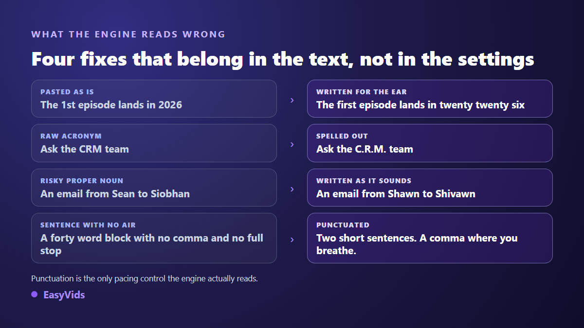 Four text fixes before running text to speech: numbers spelled out, acronyms separated, proper nouns written phonetically, punctuated sentences