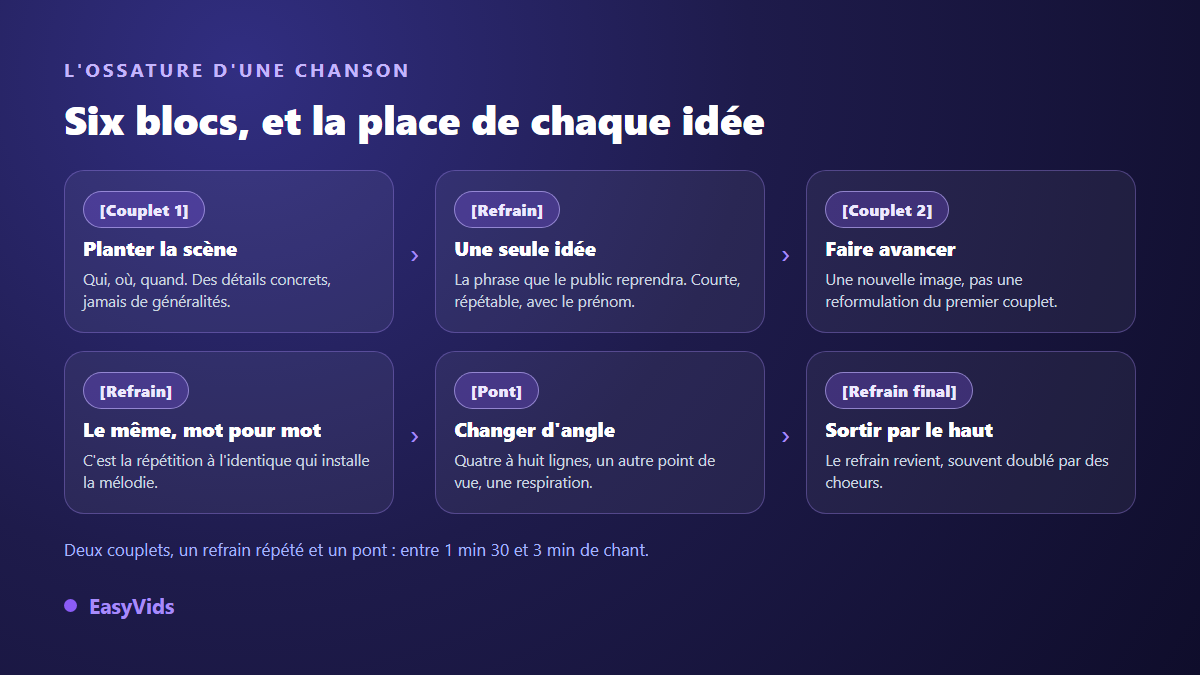 Ossature d'une chanson générée par IA : couplet 1, refrain, couplet 2, refrain, pont et refrain final