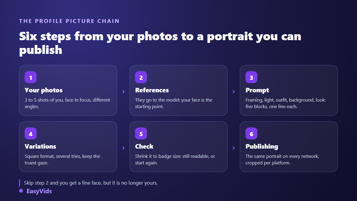 The six steps of an AI generated profile picture, from your reference photos to the portrait published on each network