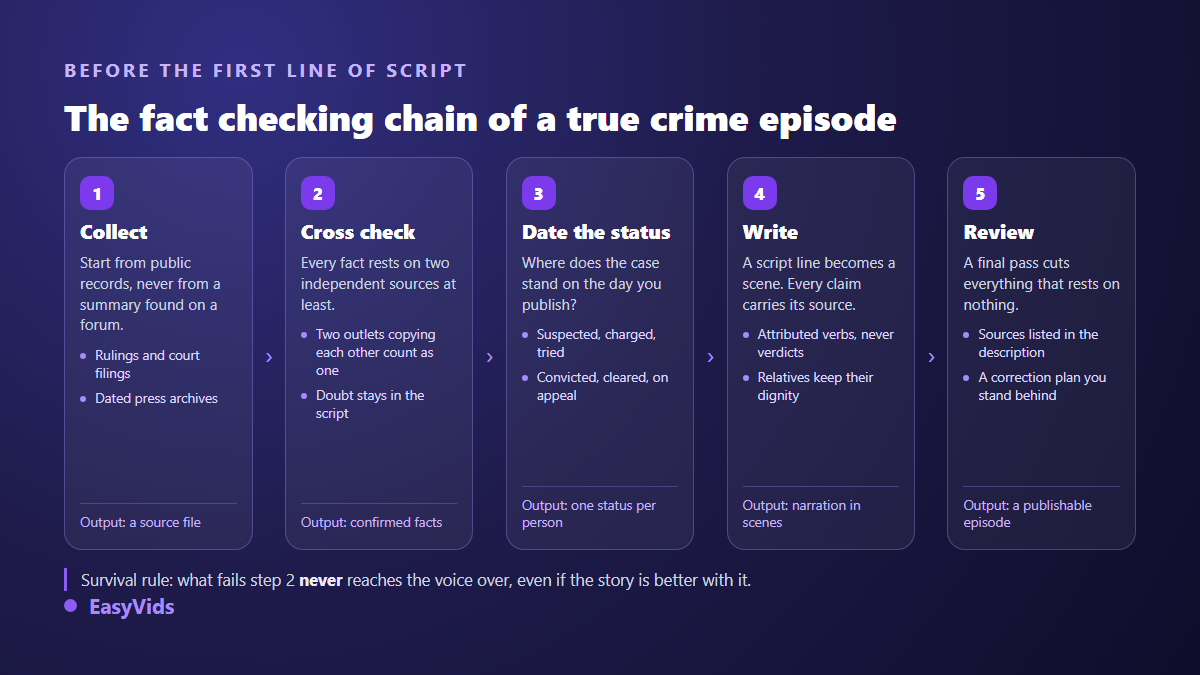 Fact checking chain for a true crime episode, from primary sources to the final read before publishing