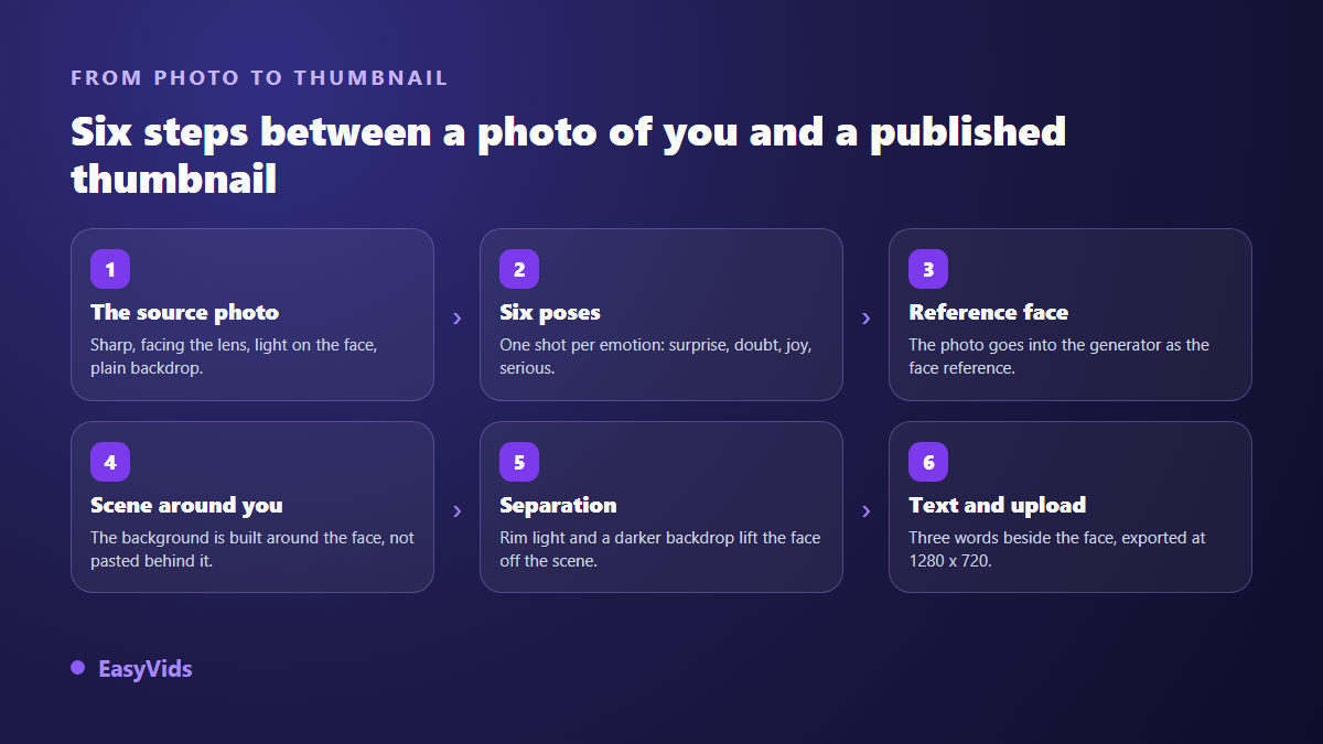 Six steps to build a YouTube thumbnail with your own face: source photo, poses, reference face, scene, contrast, text