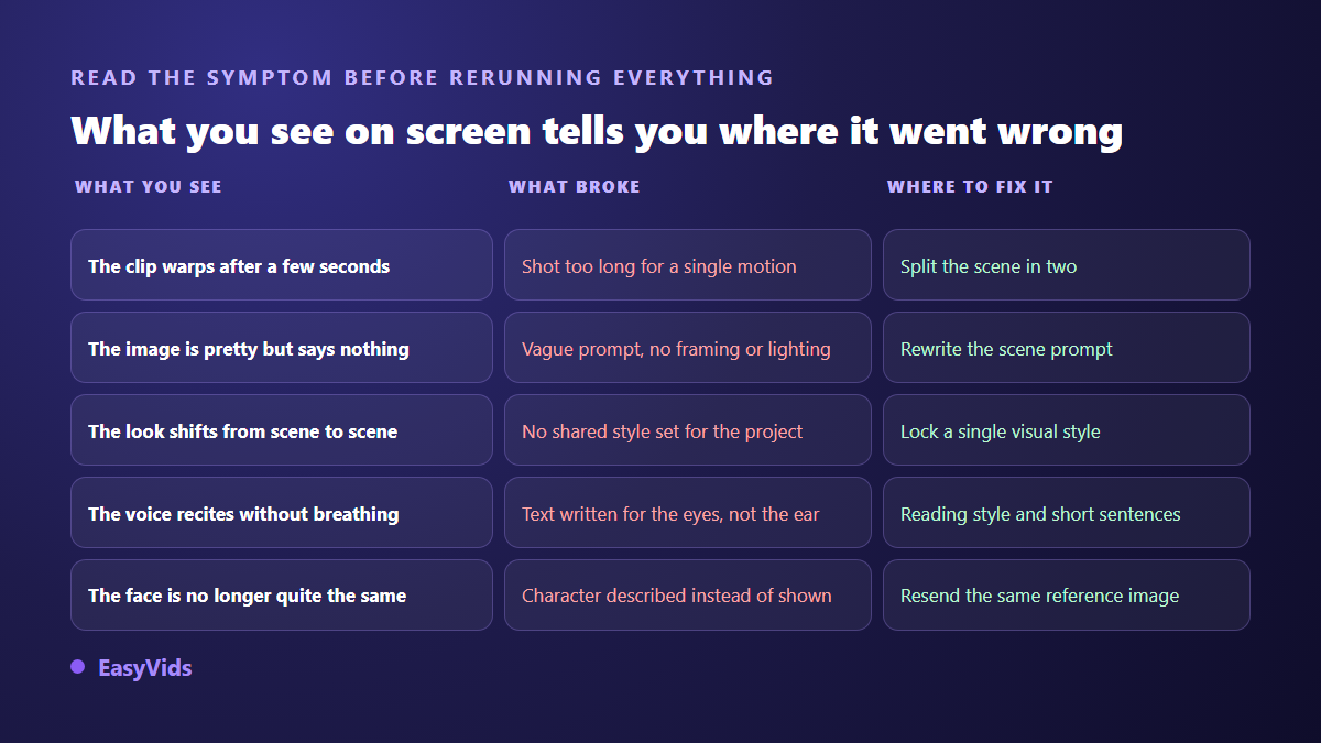 Diagnostic table for bad AI videos: visible symptom, real cause and where to fix it