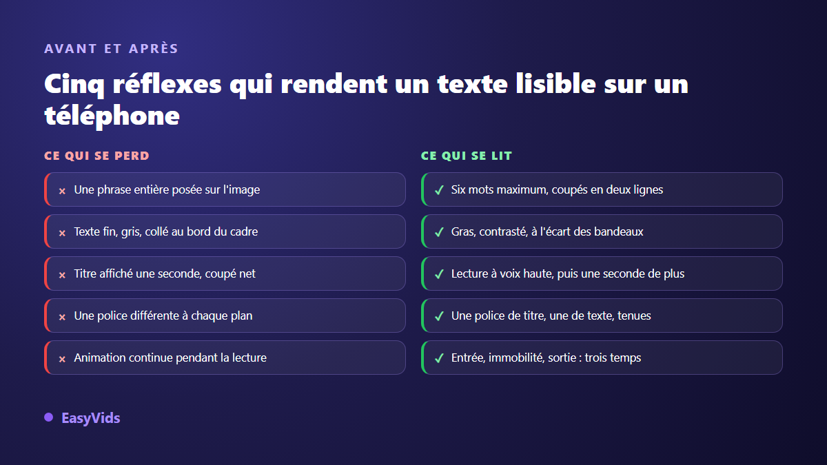 Cinq erreurs de texte à l'écran comparées aux réflexes qui rendent une vidéo lisible sur mobile