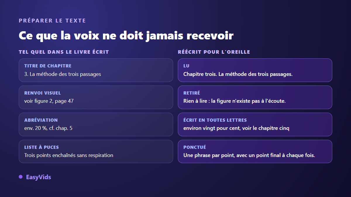 Préparer le texte d'un ebook pour une voix de synthèse : titres de chapitre, renvois visuels, abréviations et listes réécrits pour l'oreille