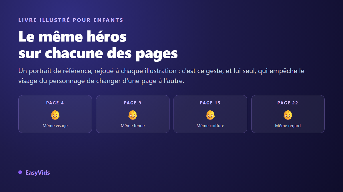 Livre pour enfants avec l'IA : histoire et illustrations avec le même personnage à chaque page