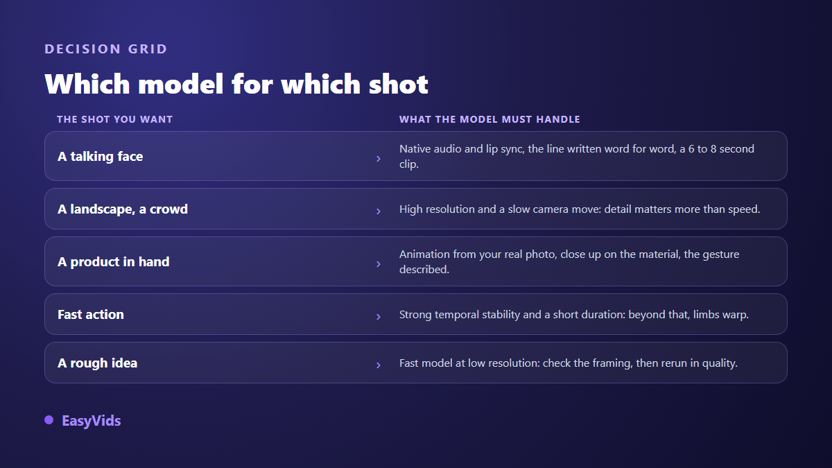 Decision grid for choosing an AI video model according to the type of shot you need