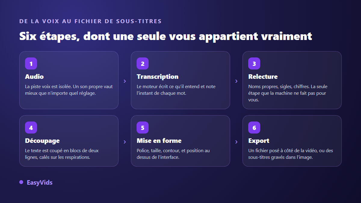 Les six étapes du sous-titrage automatique : audio, transcription, relecture, découpage, mise en forme et export du fichier de sous-titres
