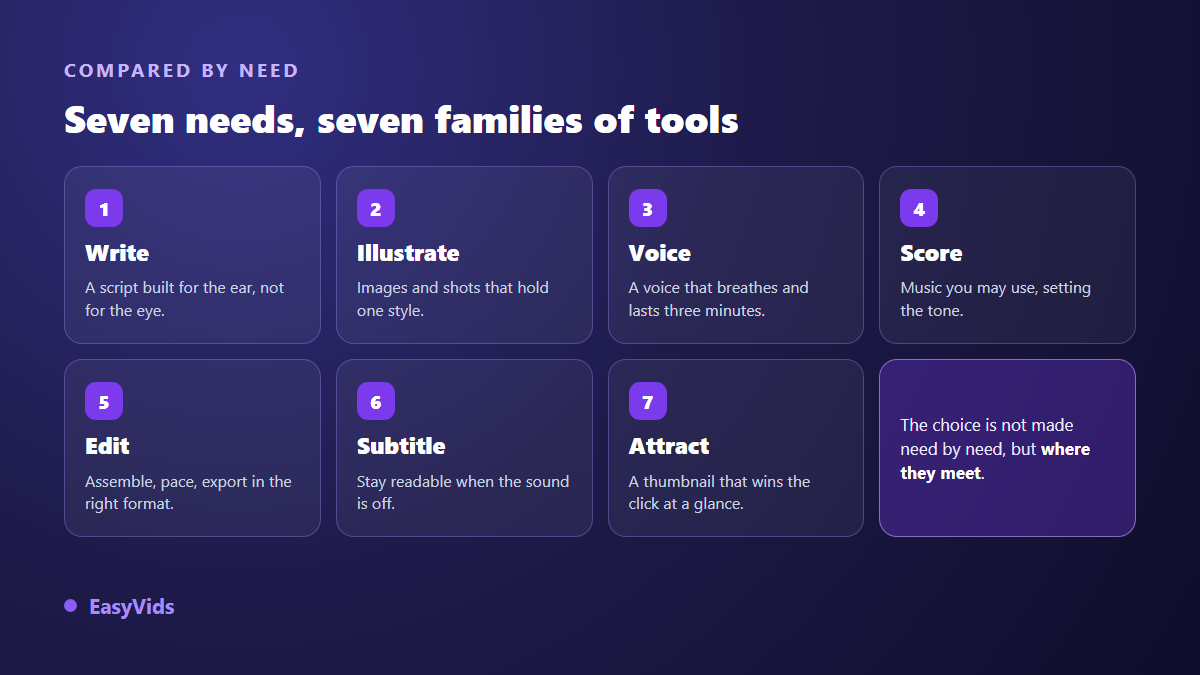 The seven needs of a content creator served by AI tools: write, illustrate, voice, score, edit, caption, attract the click