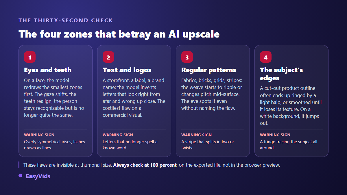Four areas to inspect after upscaling an image with AI: eyes and teeth, text and logos, regular patterns, subject edges
