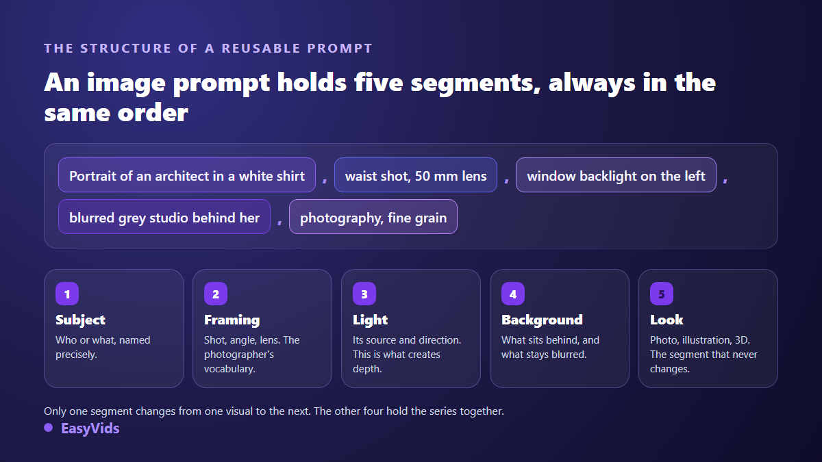 AI image prompt skeleton broken into five segments: subject, framing, light, setting and render