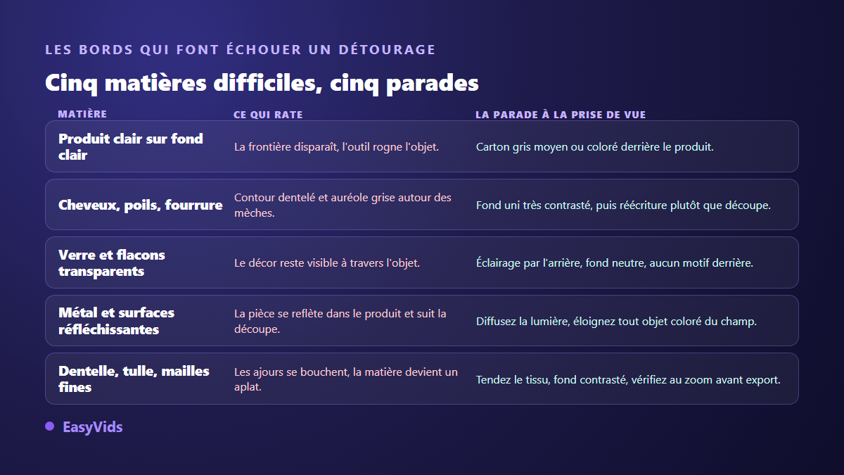 Les cinq matières difficiles à détourer sur une photo produit : cheveux, verre transparent, métal réfléchissant, dentelle et produit blanc sur fond clair