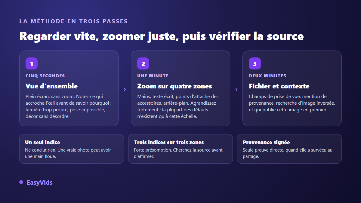 Méthode en trois passes pour vérifier si une image est générée par IA : vue d'ensemble, zoom sur quatre zones, puis fichier et contexte