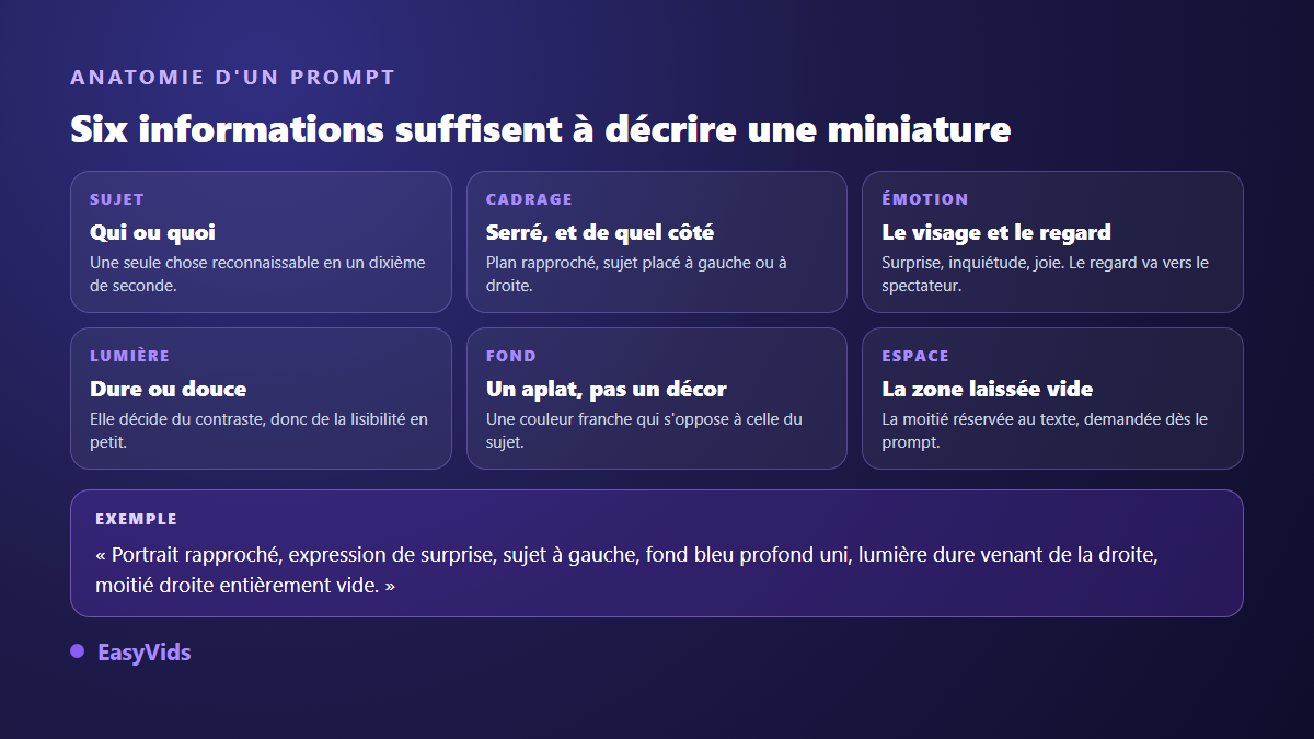 Anatomie d'un prompt de miniature YouTube : sujet, cadrage, émotion, lumière, fond et zone laissée vide pour le texte