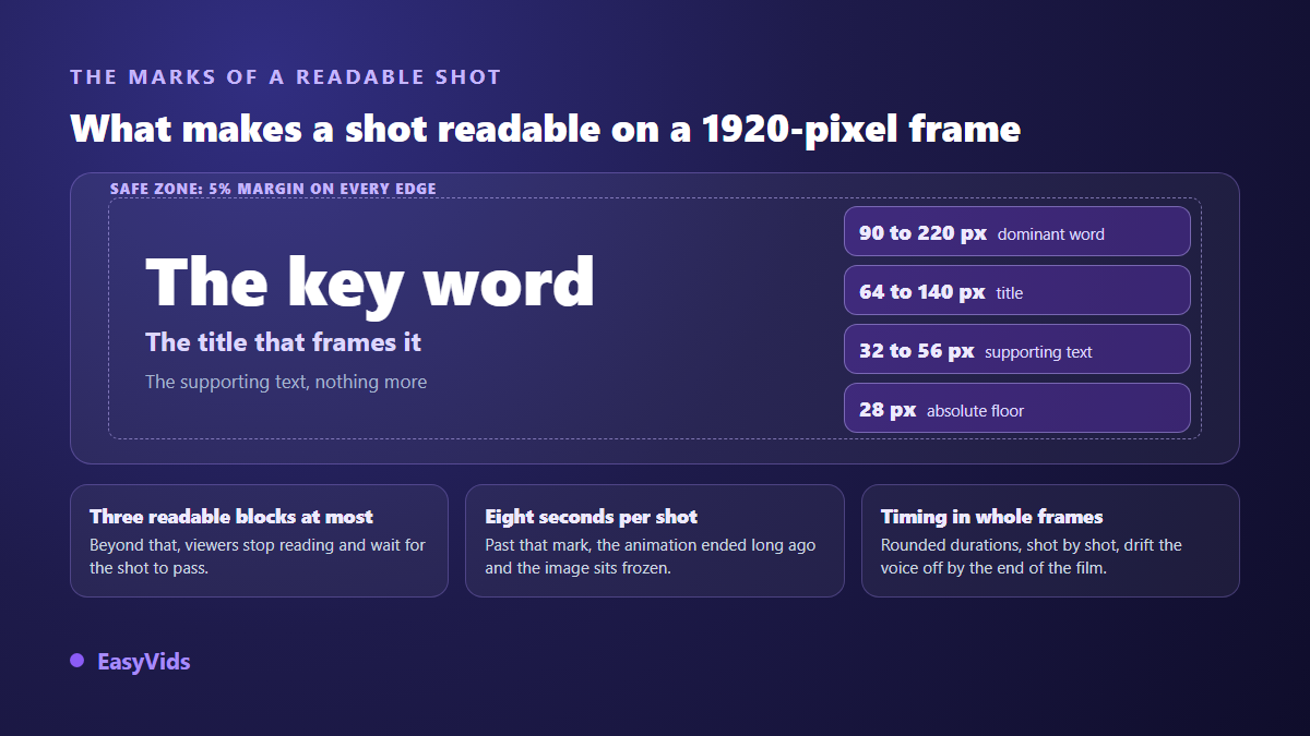 Readability thresholds for a motion graphics shot: text sizes in pixels, safe area, number of blocks and maximum duration