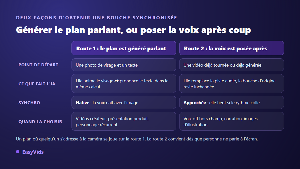 Comparaison des deux méthodes de synchronisation labiale par IA : générer un plan parlant ou poser une voix off sur une vidéo existante