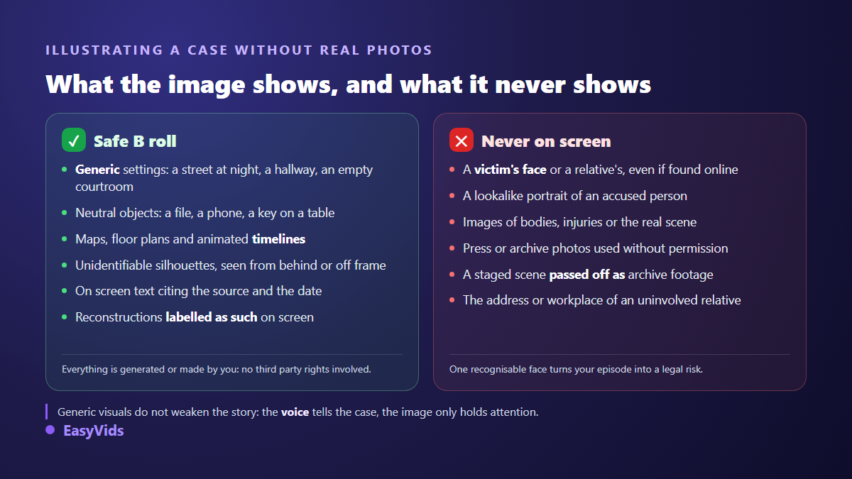 Grid of allowed and forbidden visuals for illustrating a criminal case on a faceless channel