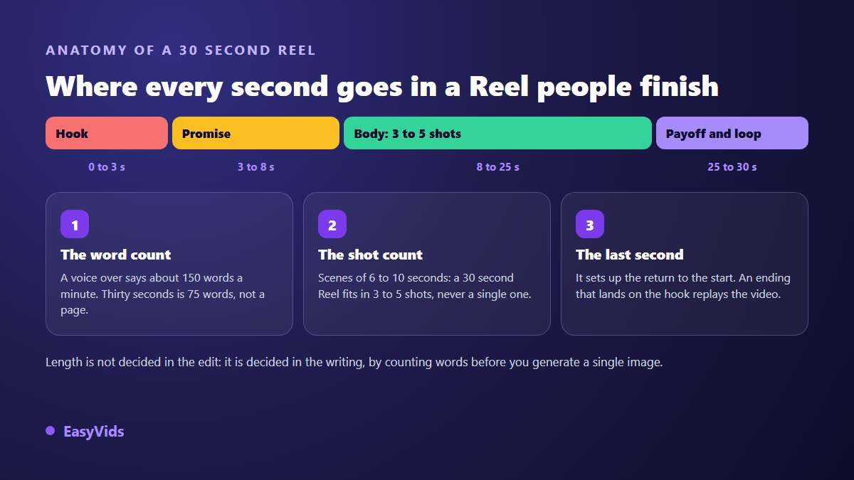 Anatomy of a 30 second Instagram Reel: hook, promise, body in three to five shots, payoff and loop