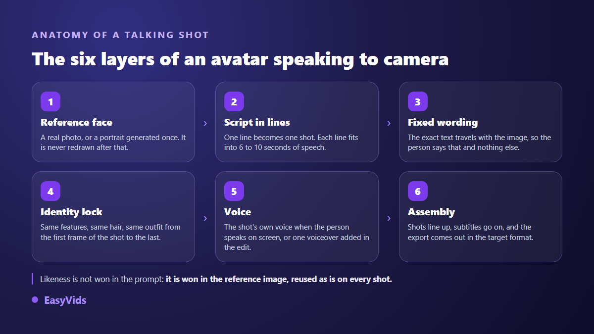 The six layers of a talking avatar shot: reference face, script split into lines, forced speech, identity lock, voice and assembly