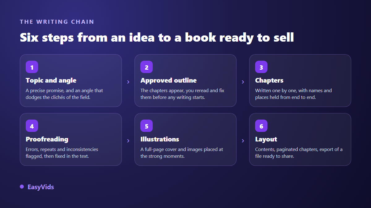 The six steps to create an ebook with AI: topic and angle, approved outline, chapters, proofreading, illustrations, layout