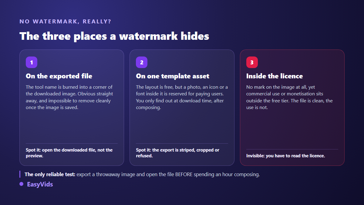 The three places a watermark hides in a free thumbnail tool: the exported file, one template asset, the usage licence