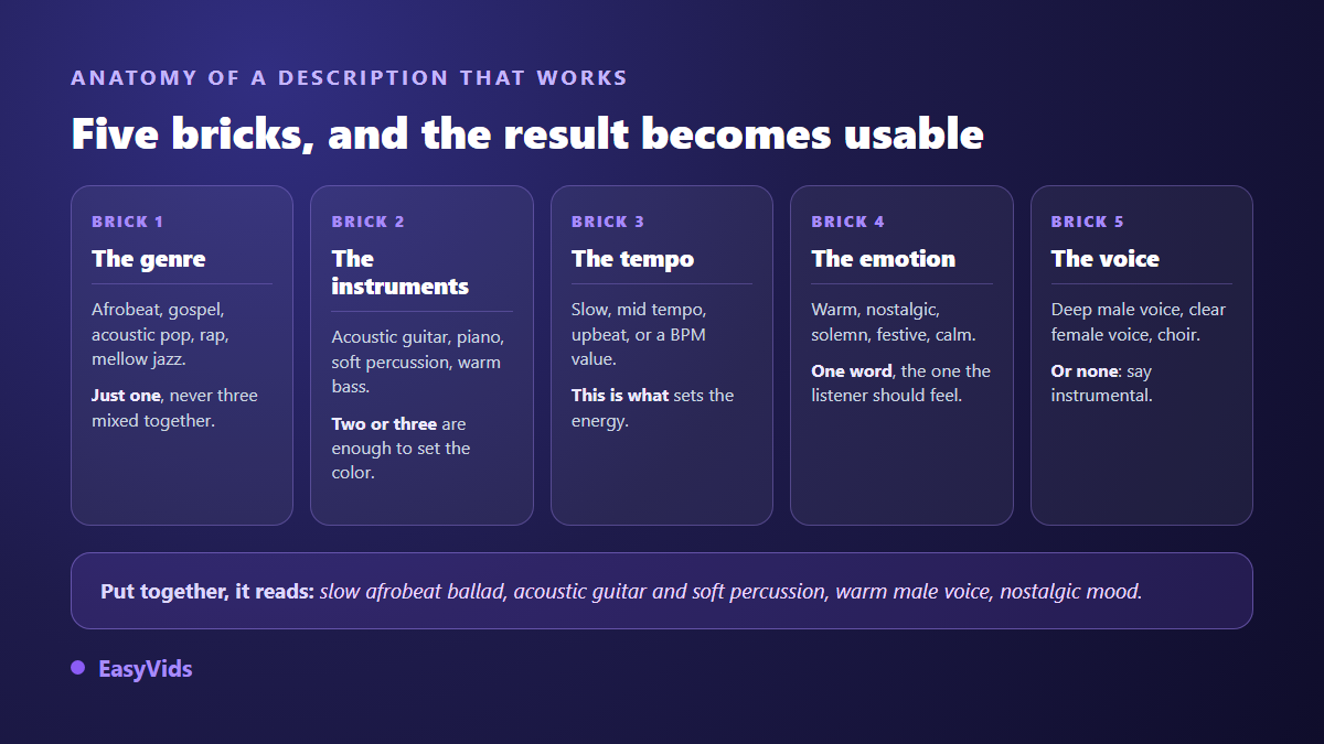 Anatomy of a style description for an AI music generator: genre, instruments, tempo, emotion and vocals