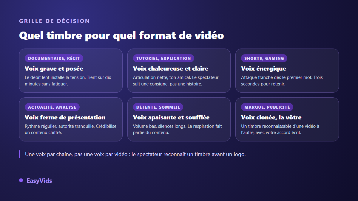 Grille de décision associant un format de vidéo YouTube à un type de voix off IA : documentaire, tutoriel, Shorts, actualité, détente, marque