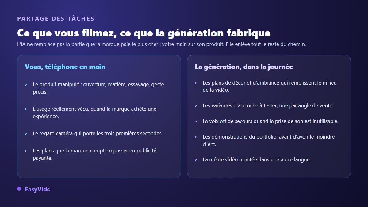 Partage des tâches entre le créateur UGC qui filme le produit et la génération IA qui fabrique décors, accroches et voix off