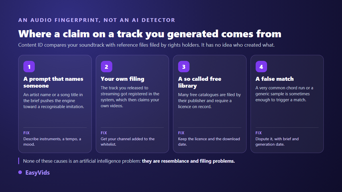 The four origins of a Content ID claim on AI generated music and the matching fix for each