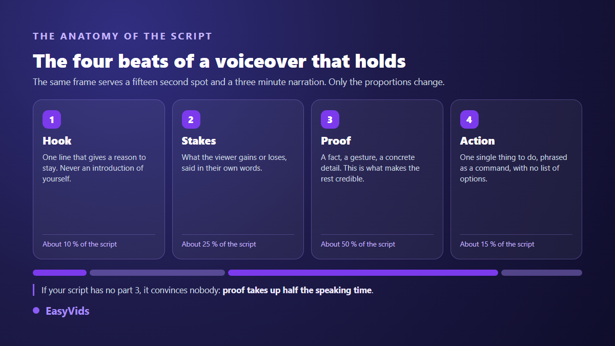 The four beats of a voice over script: hook, stake, proof and action, with their share of speaking time