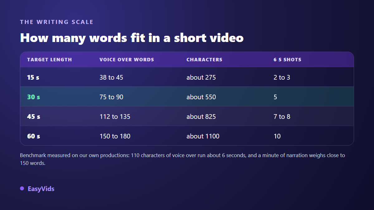 Short video script budget: words, characters and shots for 15, 30, 45 and 60 seconds of voice over