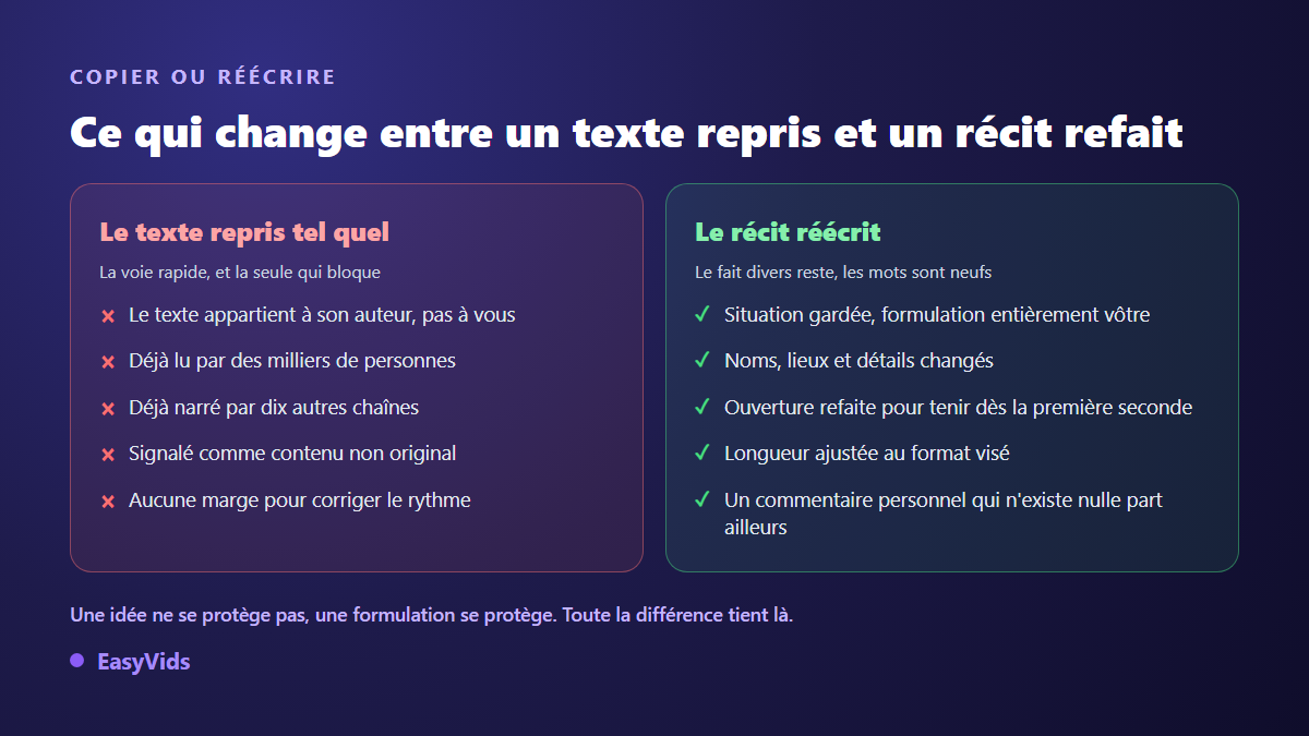 Comparaison entre un texte Reddit repris tel quel et un récit entièrement réécrit pour une vidéo