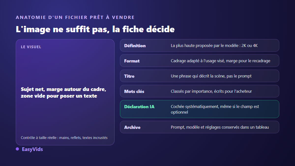 Anatomie d'un fichier d'image IA prêt à vendre : définition, format, titre, mots clés et déclaration du contenu généré